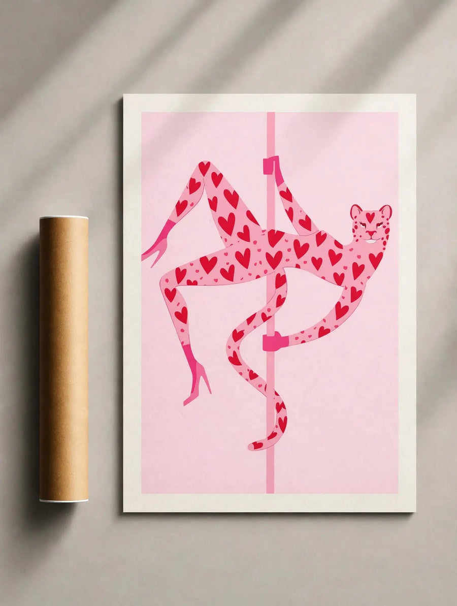 Gerahmter Tänzerinnen-Print mit High Heels und Herzmuster in Pink und Rot auf hellem Hintergrund