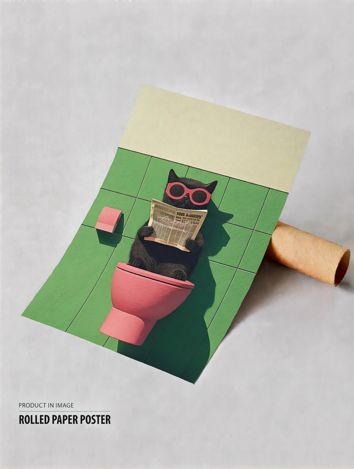 Bathroom cat wall art poster, rolled, shows black cat wearing glasses by green tiled toilet