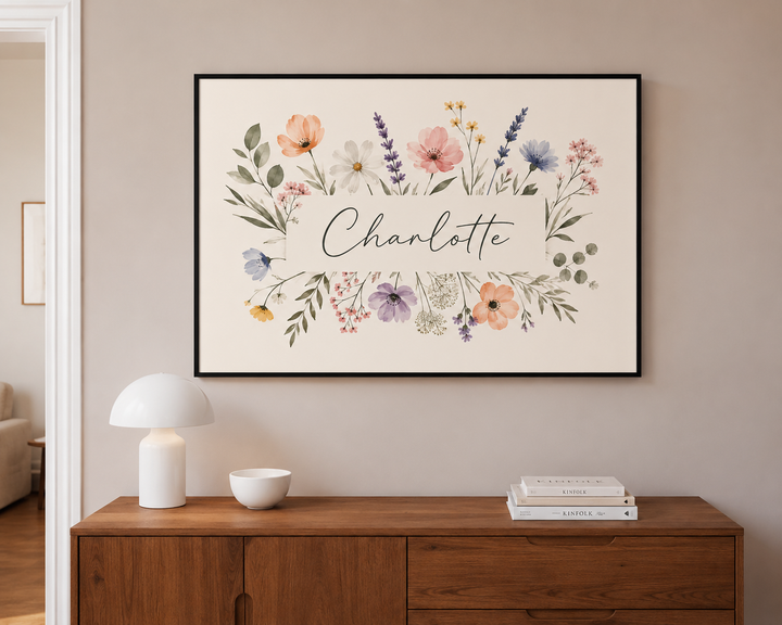 Personalized Name Art Print displayed with soft floral details and elegant botanical illustrations