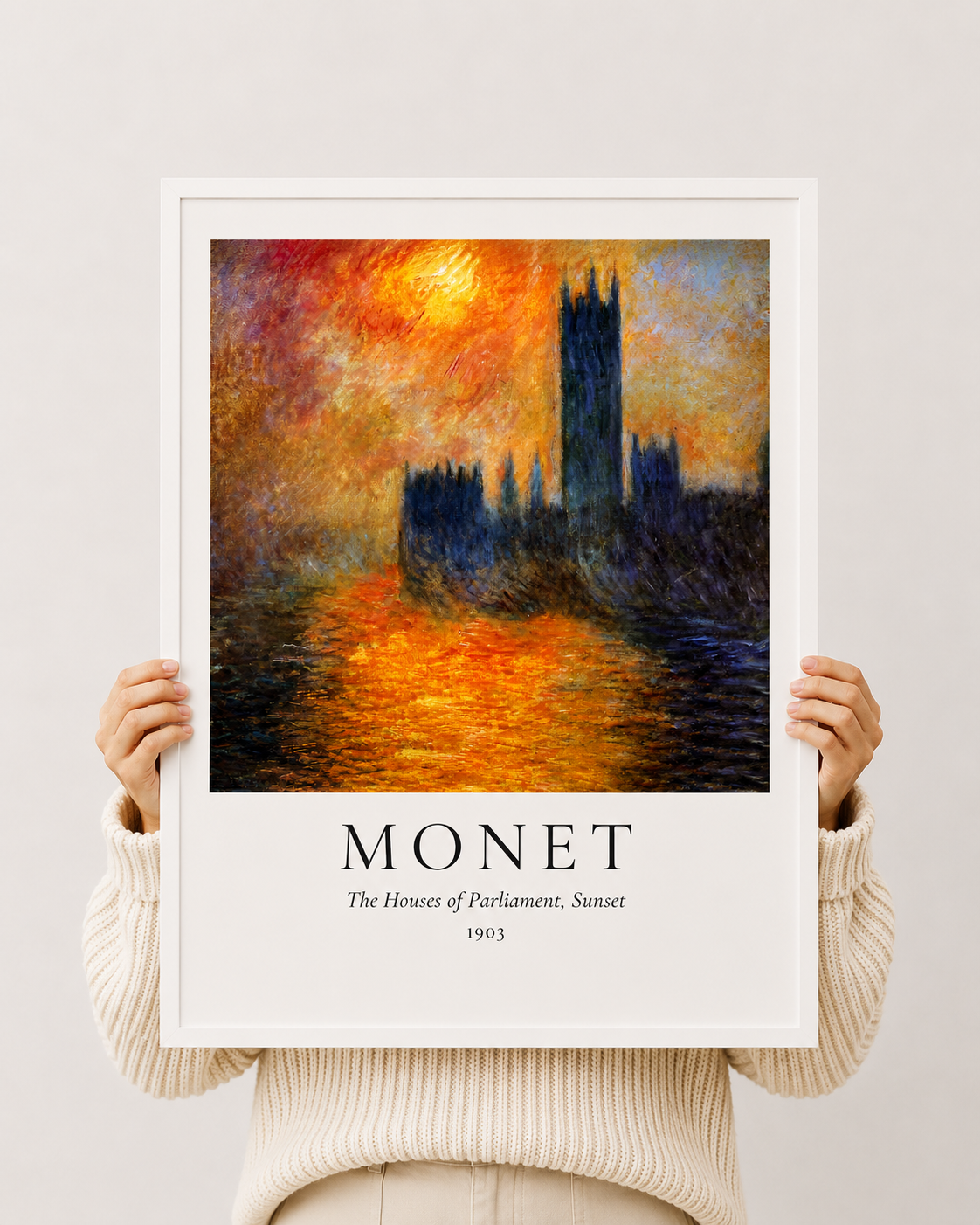 White-framed Monet Houses of Parliament Sunset art print with building silhouette