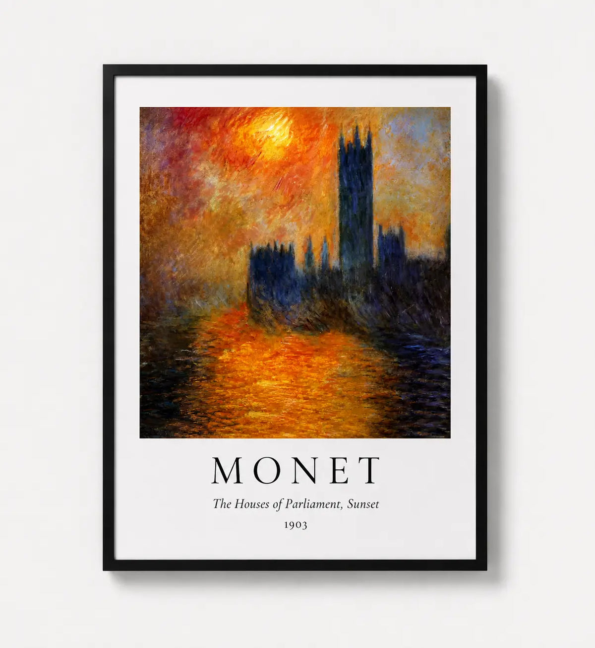 Black-framed Monet Houses of Parliament Sunset art print, city skyline at dusk