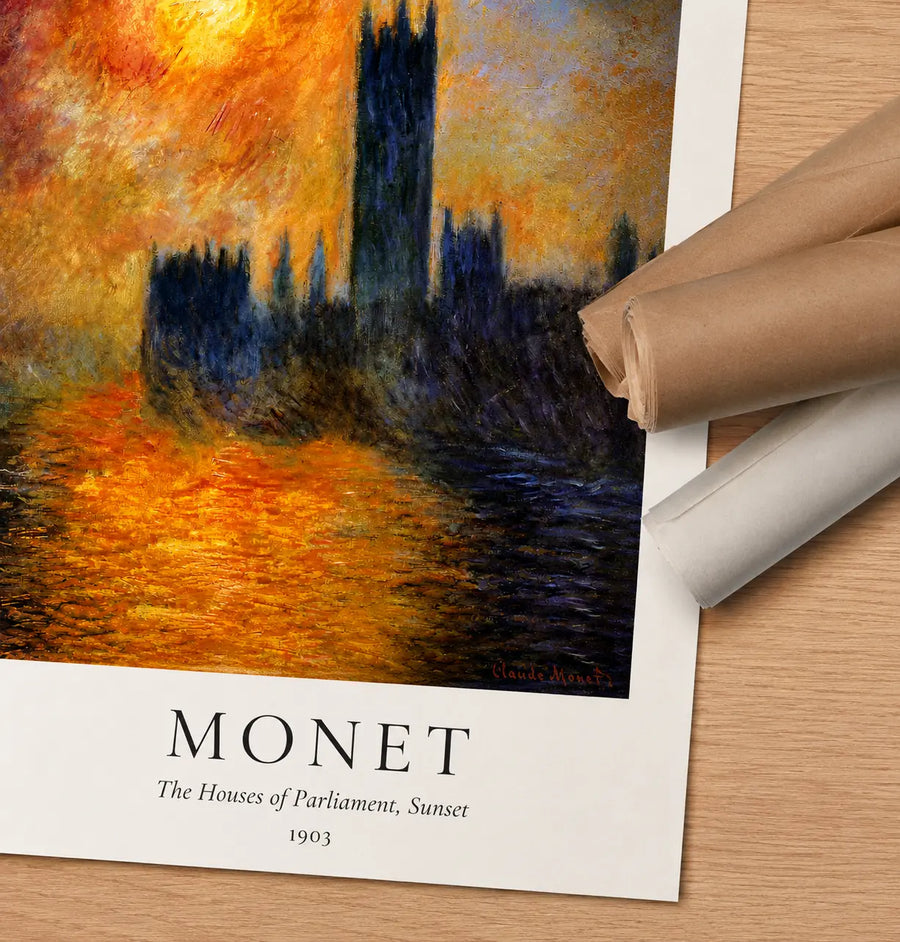 Rolled Monet Houses of Parliament Sunset art print with warm sky and river reflections