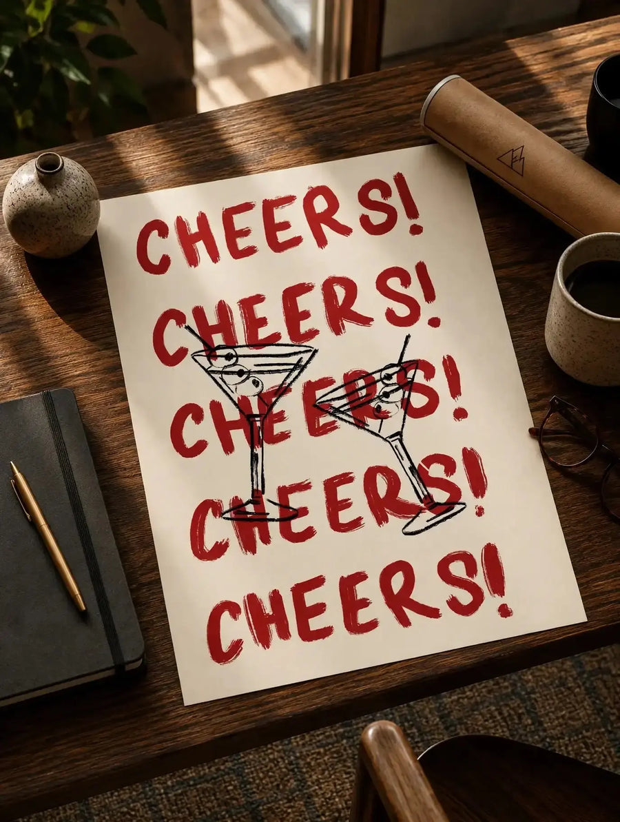 Cocktail cheers print on a table with red 'CHEERS!' text and martini glass illustrations