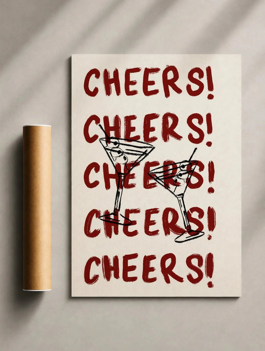Cocktail-Print mit rotem „CHEERS!“-Schriftzug und Martini-Glas-Illustration, fertig für die Wanddekoration