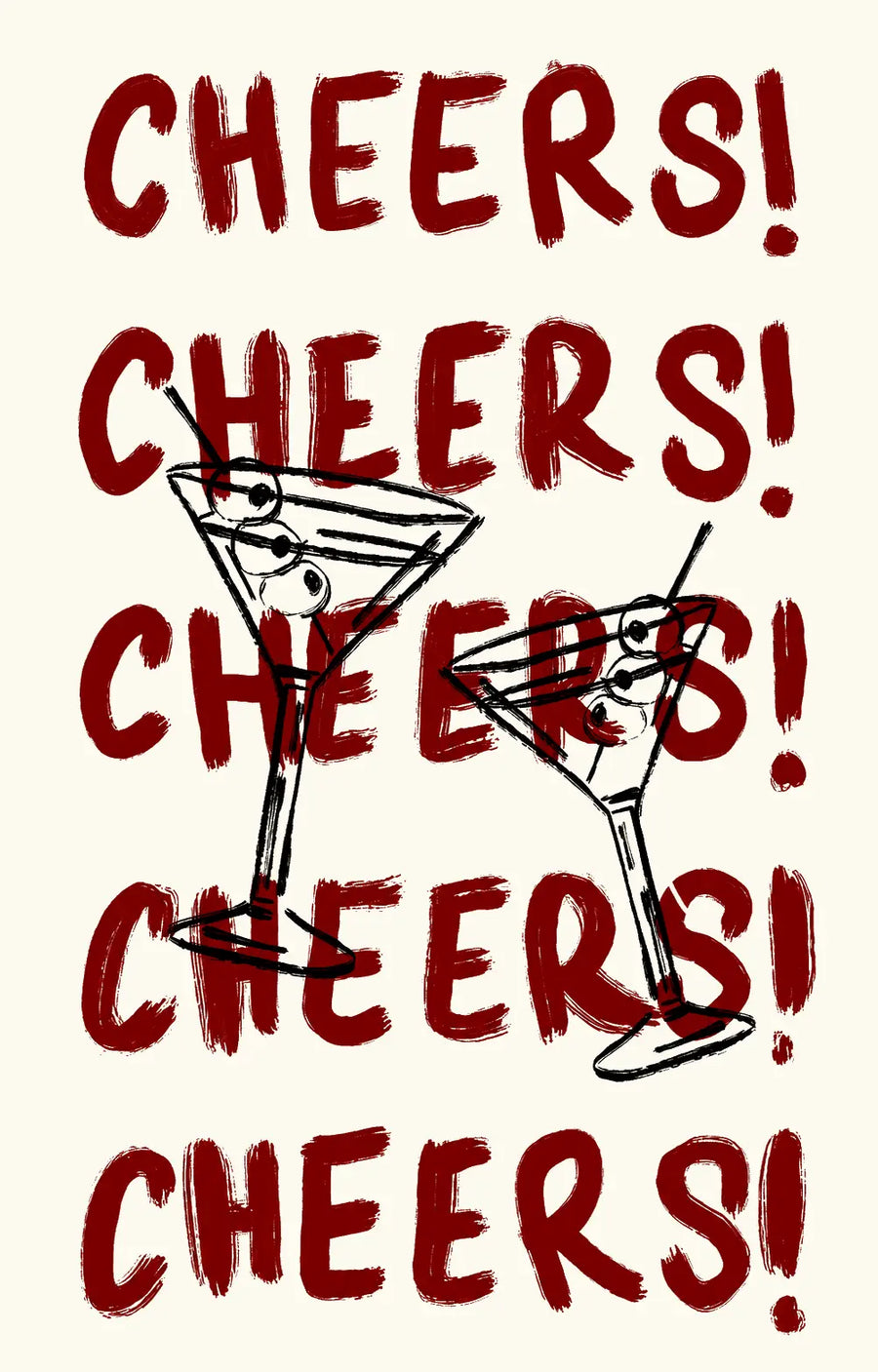 Unframed cocktail cheers print with red 'CHEERS!' lettering and martini glass icons