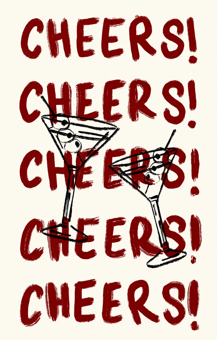 Cheers cocktail print close-up with red "CHEERS!" text and martini glass illustration
