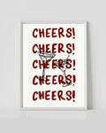 Cocktailposter mit wiederholtem rotem CHEERS!-Schriftzug und zwei gezeichneten Martinigläsern.