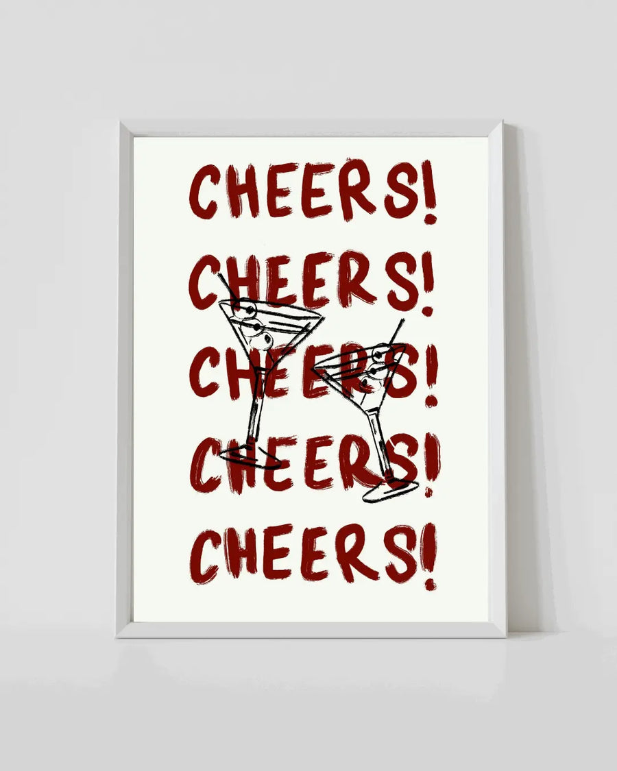 Framed cocktail cheers print with repeated red 'CHEERS!' text and martini glass silhouettes