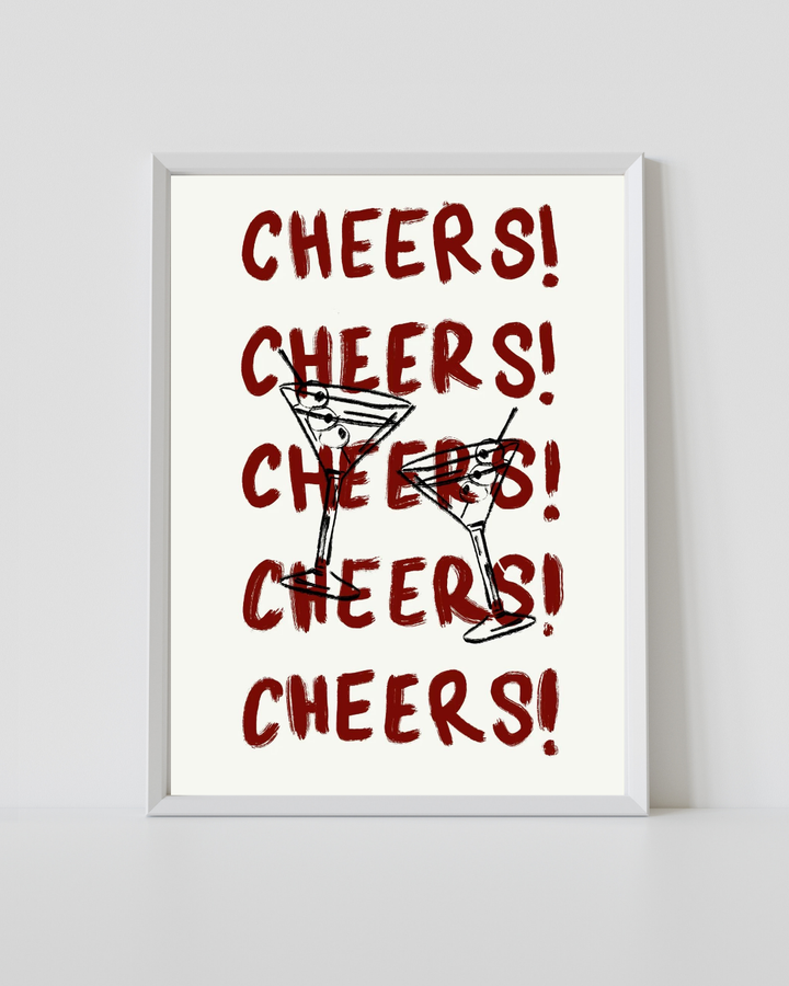 Framed Cheers cocktail print with red "CHEERS!" text and martini glass illustration