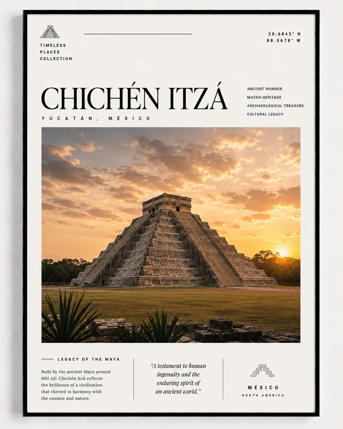 Black-framed Chichén Itzá print with Mayan pyramid at sunset
