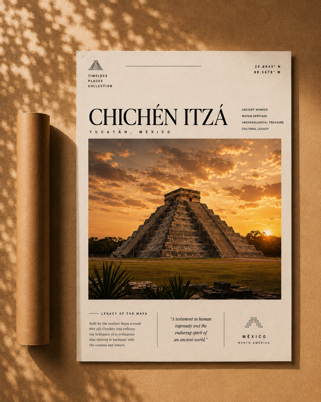 Chichén Itzá print poster featuring a pyramid at sunset