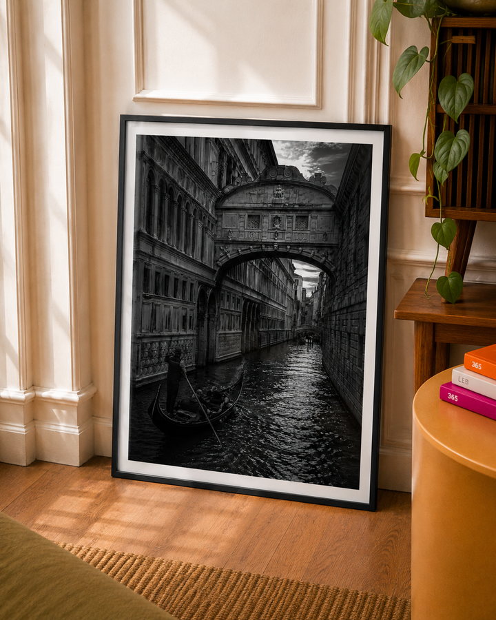 Black and White Architecture Art Print featuring a narrow old city street with historic stone arches