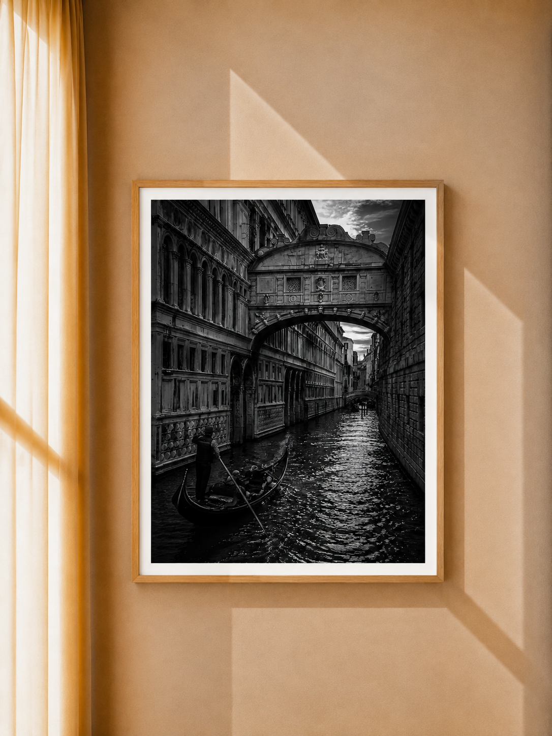 Black and White Architecture Art Print displayed in a modern interior with detailed historic street scenery