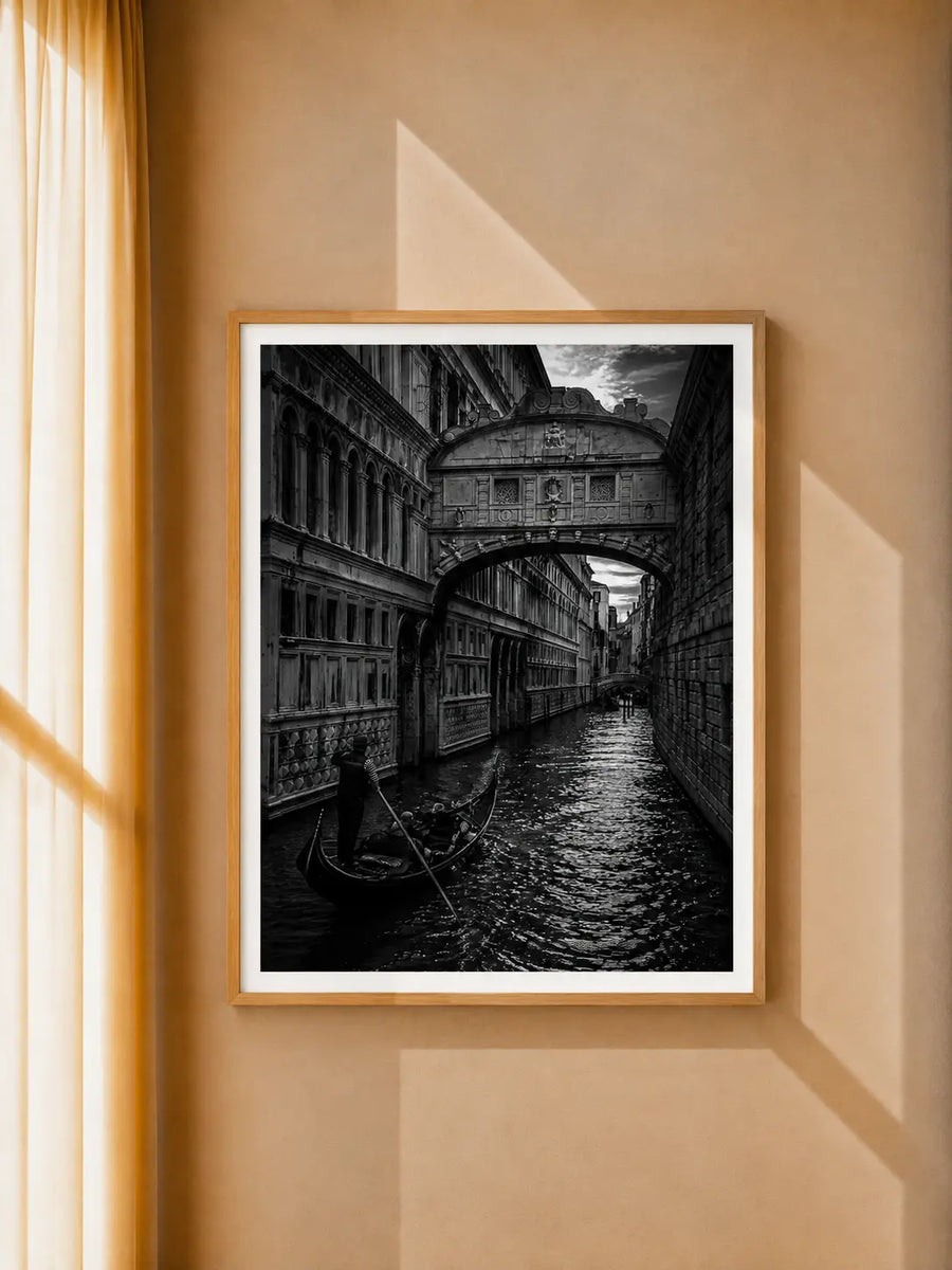 Black and White Architecture Art Print displayed in a modern interior with detailed historic street scenery