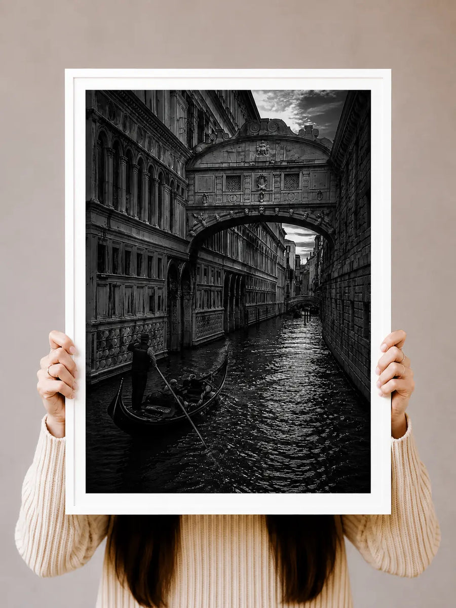 Black and White Architecture Art Print showing an atmospheric passageway surrounded by aged buildings