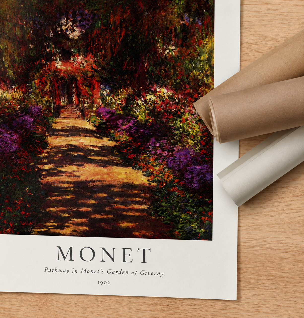 Rolled garden pathway art print with colorful trees and path, title text visible