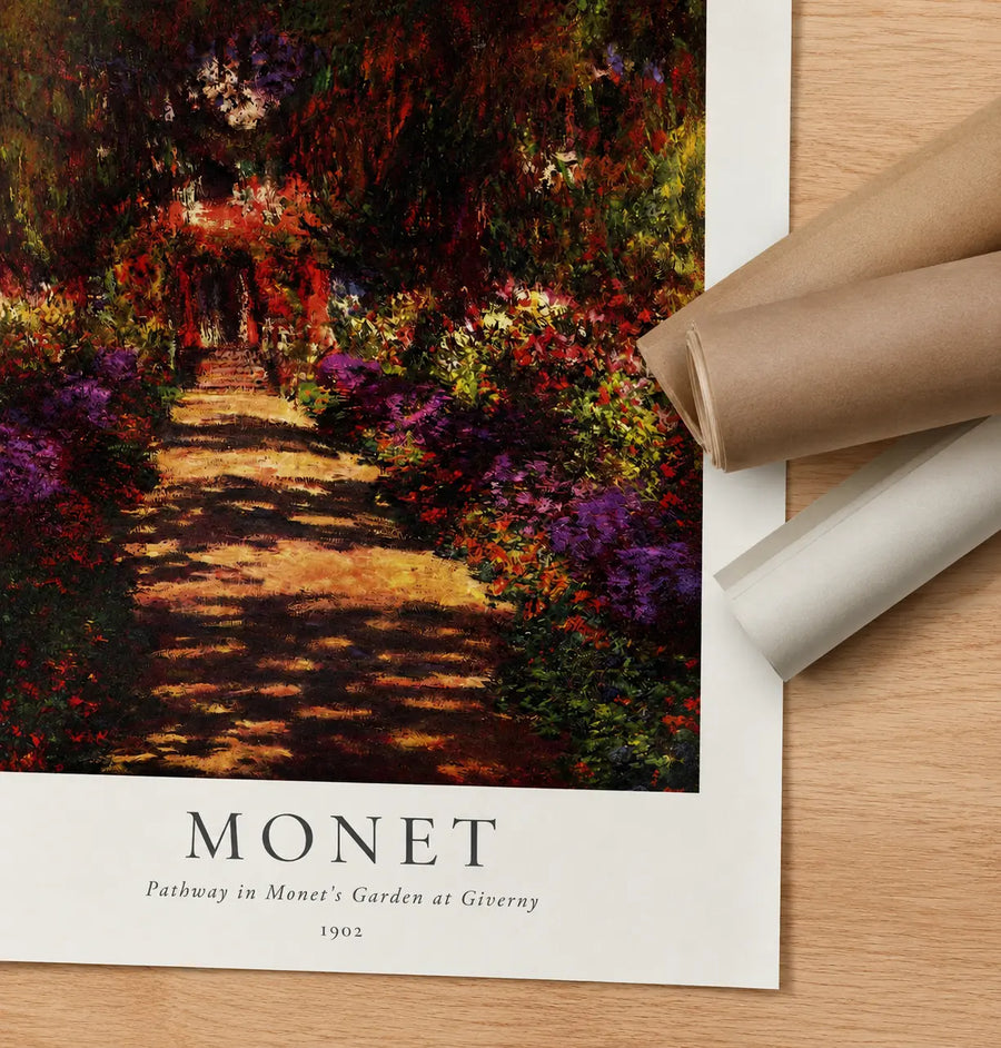 Rolled garden pathway art print with colorful trees and path, title text visible