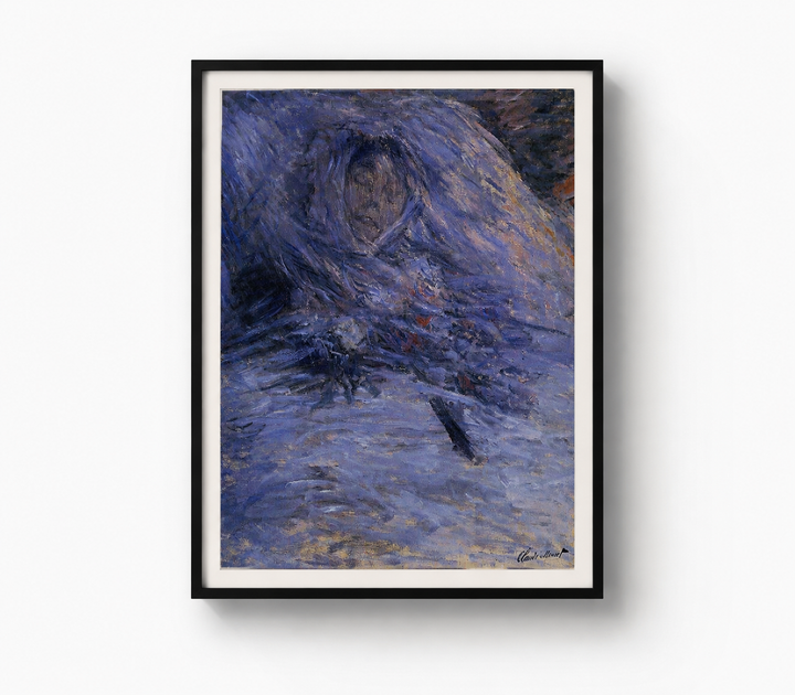Monet figurative art print in black frame, blue impasto portrait-like figure