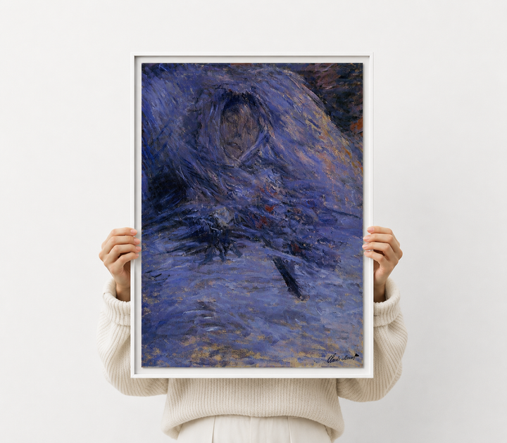Monet figurative art print held up, blue impasto scene with white border
