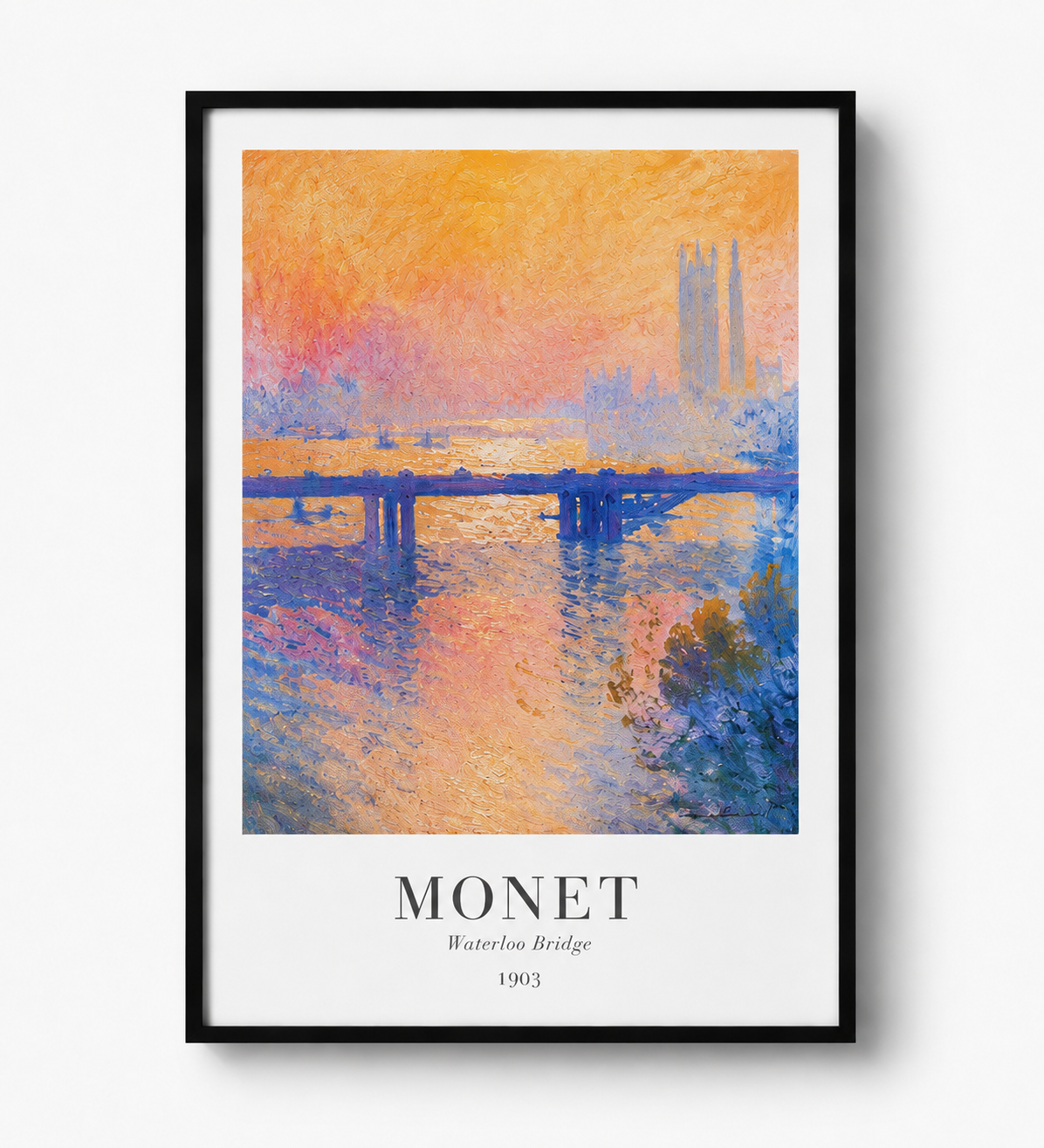 Waterloo Bridge art print in black frame, blue water and bridge scene with Monet text