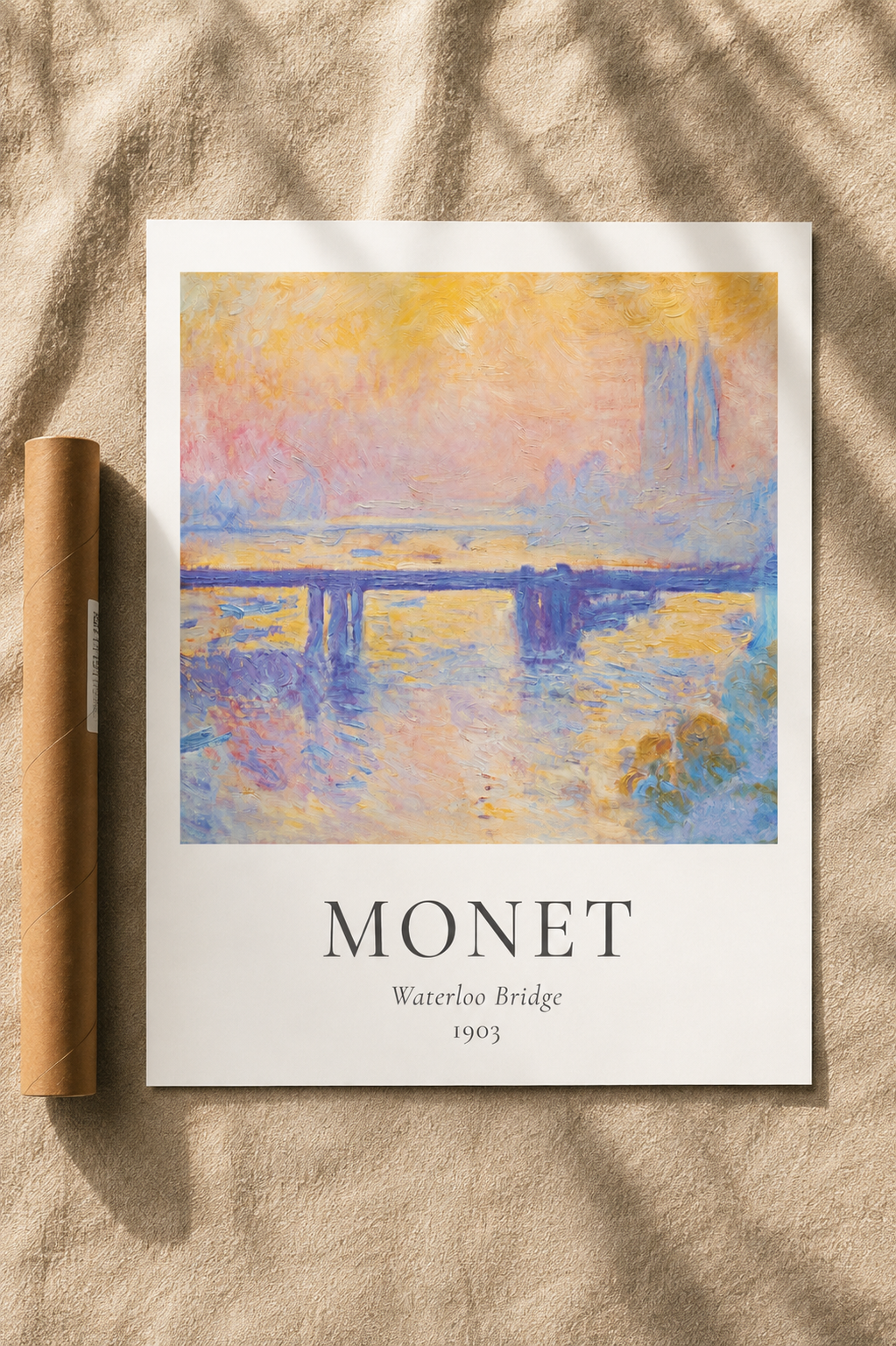 Waterloo Bridge art print on fabric with blue water and bridge scene; Monet title centered