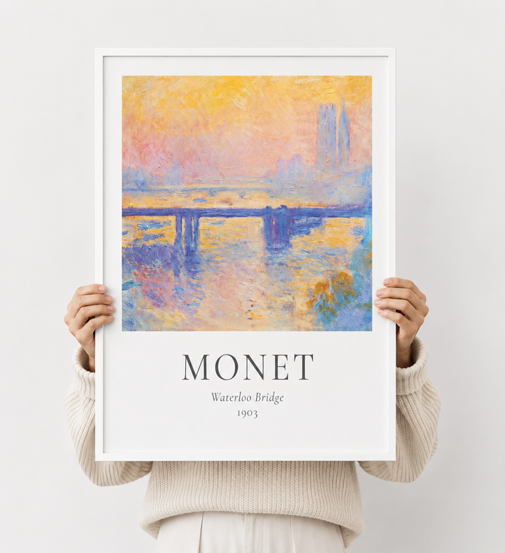 Waterloo Bridge art print in white frame, blue bridge reflections; Monet caption below