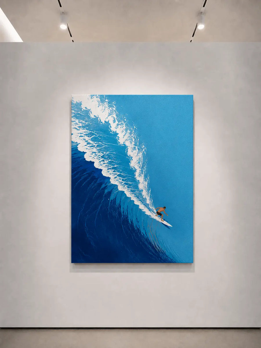 Azure Surf wall art with dark frame, blue ocean wave mural with surfer on board