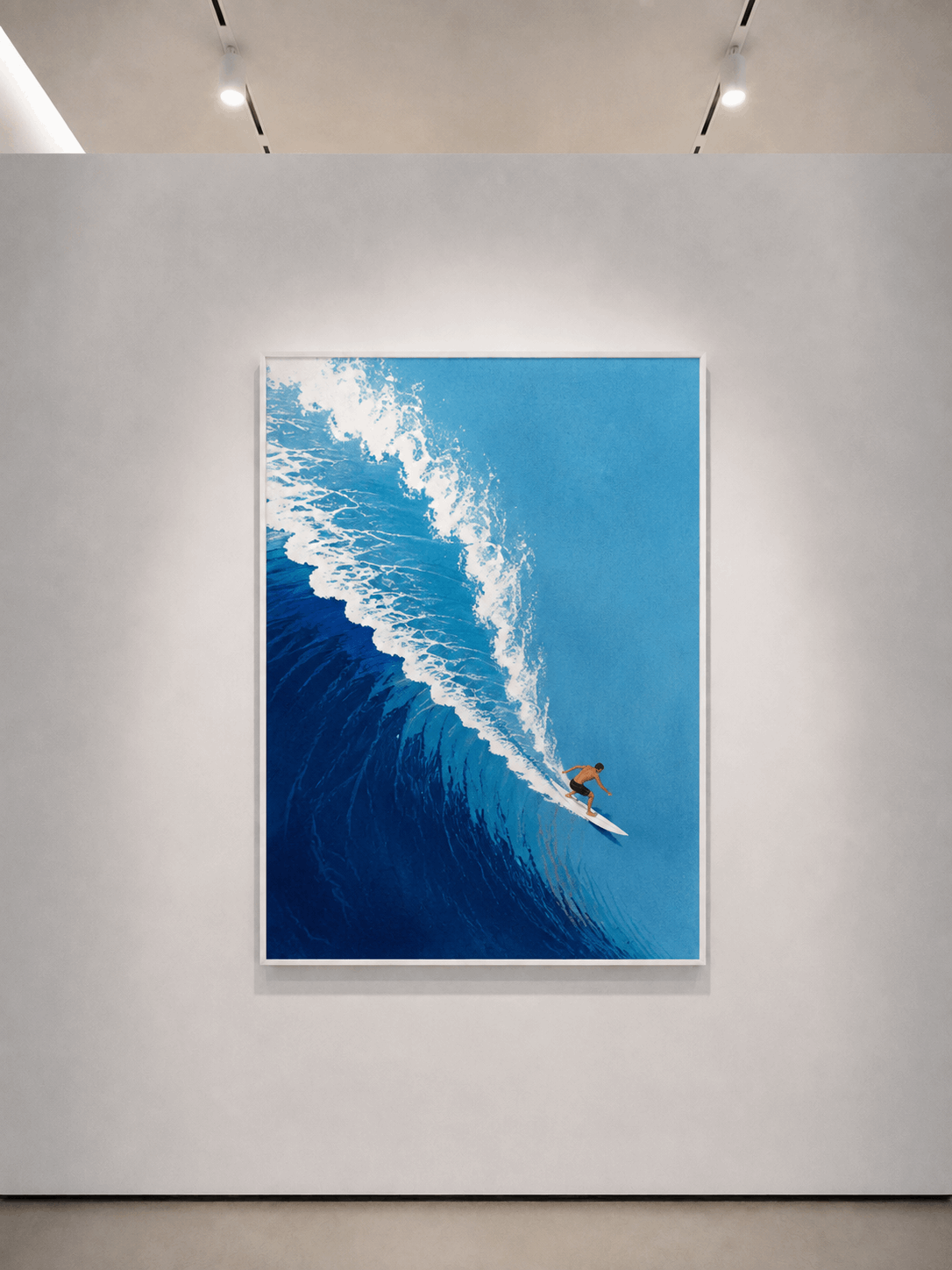 Azure Surf wall art with dark frame, blue wave scene and surfer on surfboard