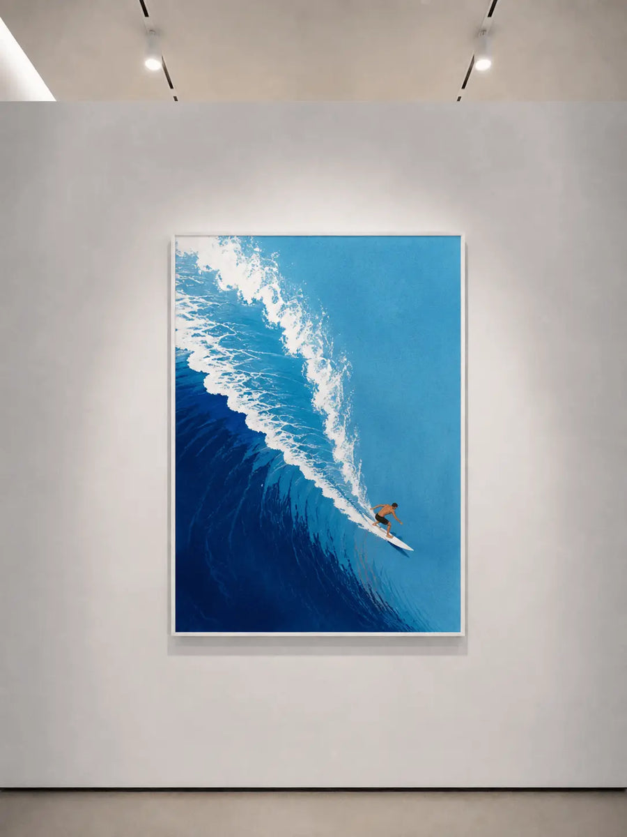 Azure Surf wall art with dark frame, blue wave scene and surfer on surfboard
