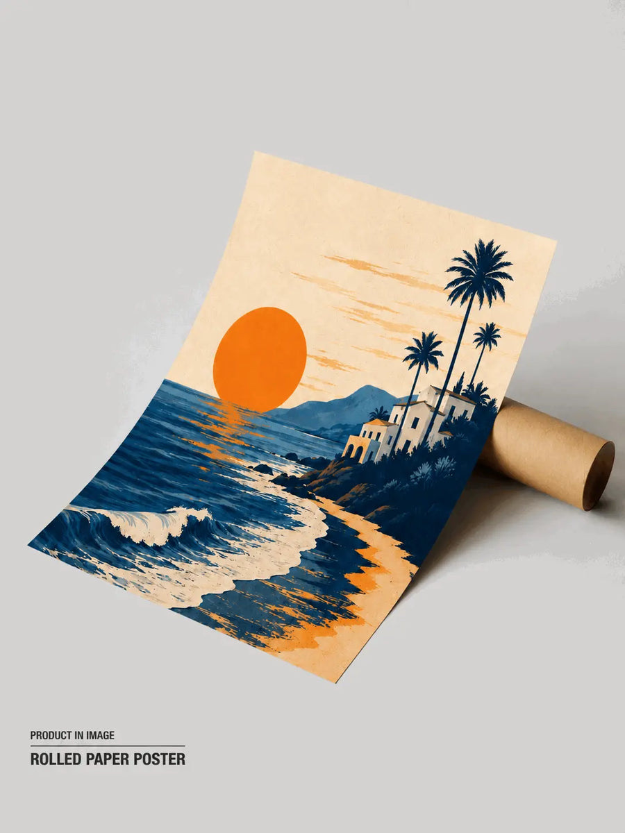 Rolled paper poster with beach scene, orange sun, ocean waves, and palm trees