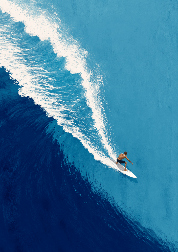 Azure Surf wall art close-up of blue ocean waves with white foam and surfer