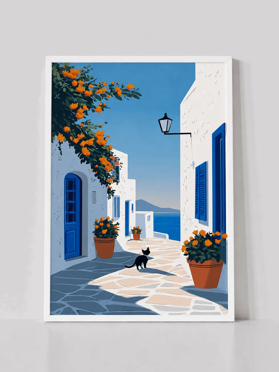 White-framed wall canvas print with blue alley, orange flowers, and black cat