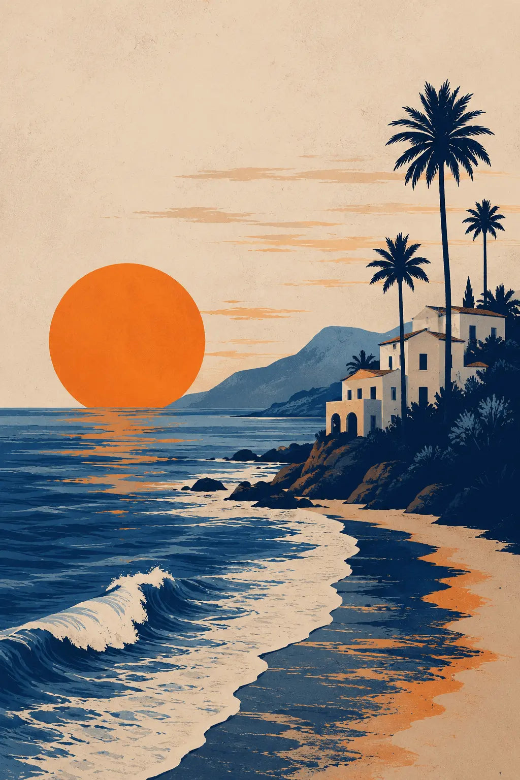 Beach print with orange sun, ocean waves, distant mountains, and palm trees