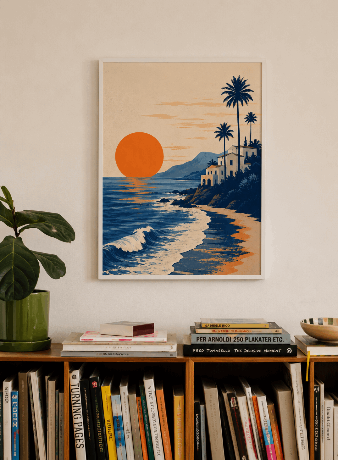Framed beach poster with orange sun, waves, hillside houses, and tall palm trees