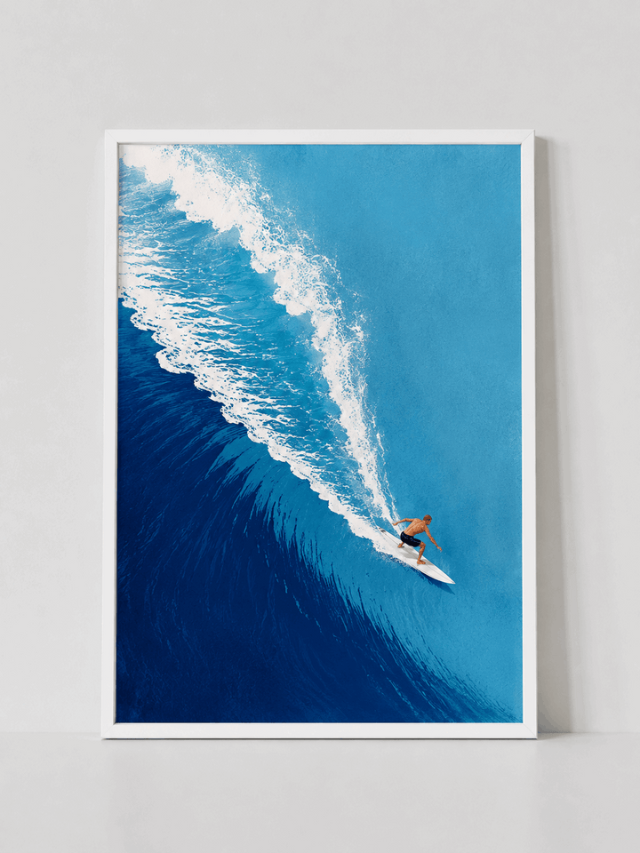 Azure Surf wall art with white frame, blue ocean waves and surfer on surfboard