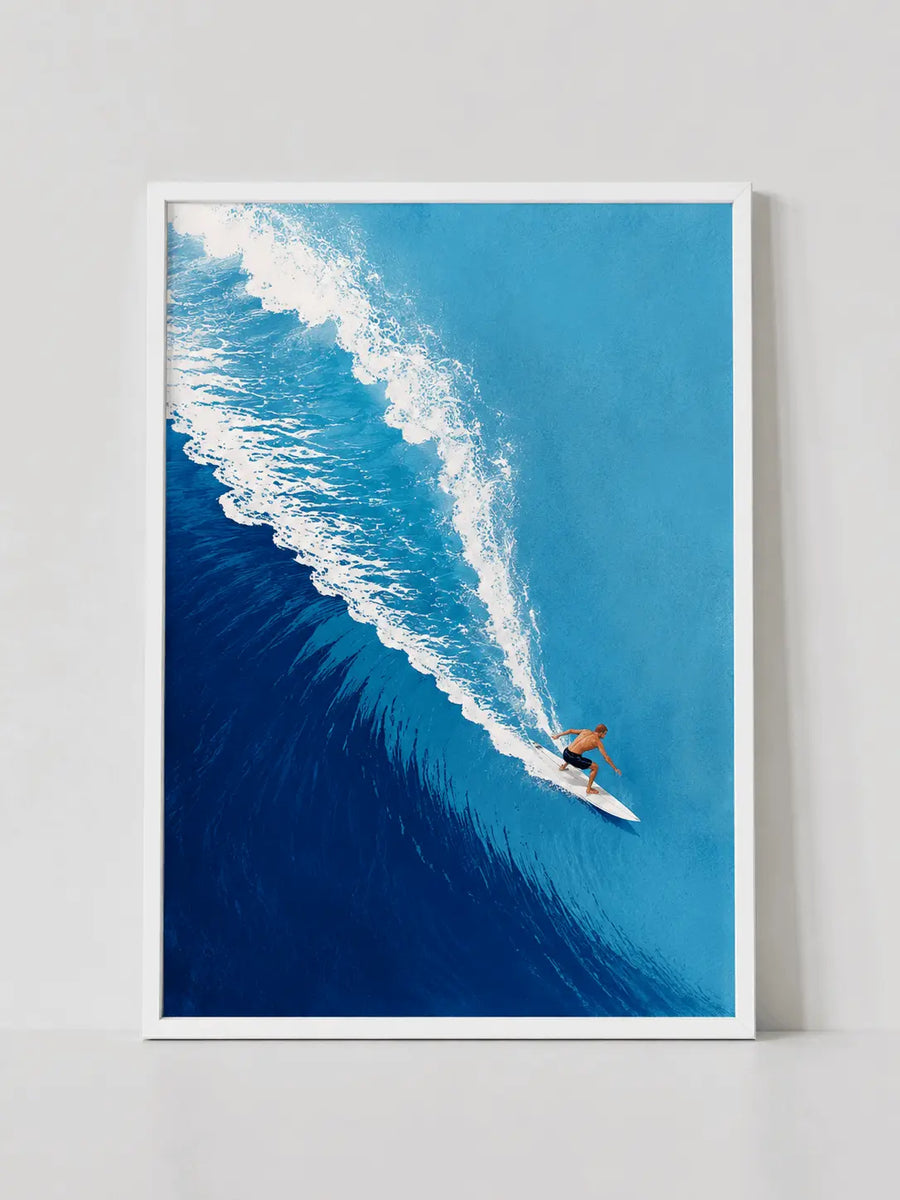 Azure Surf wall art with white frame, blue ocean waves and surfer on surfboard
