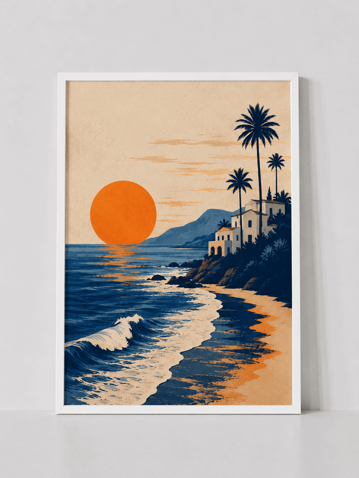 White-framed beach poster with orange sun, ocean waves, and palm trees