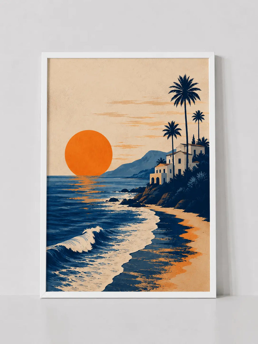 White-framed beach poster with orange sun, ocean waves, and palm trees