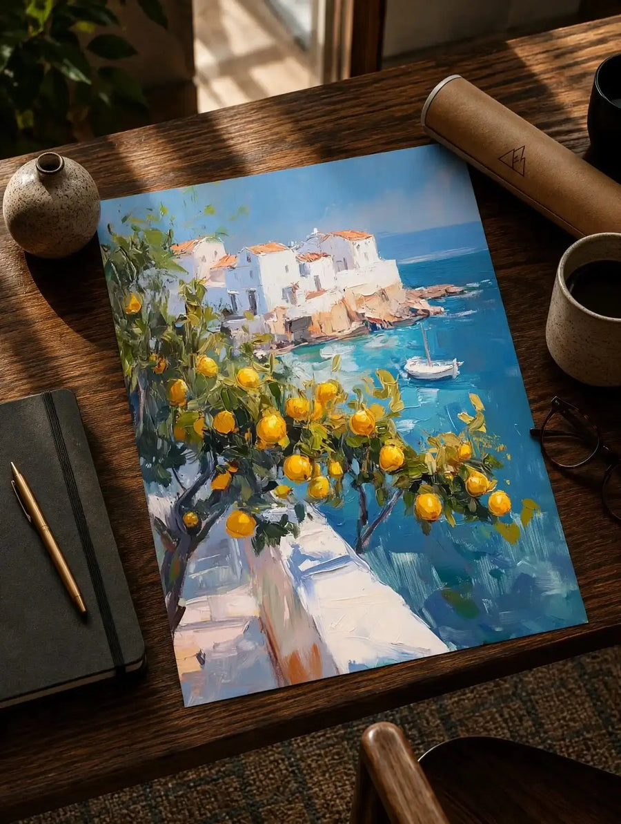 Mediterranean seaside art print on wood with white houses, boats, and yellow lemons