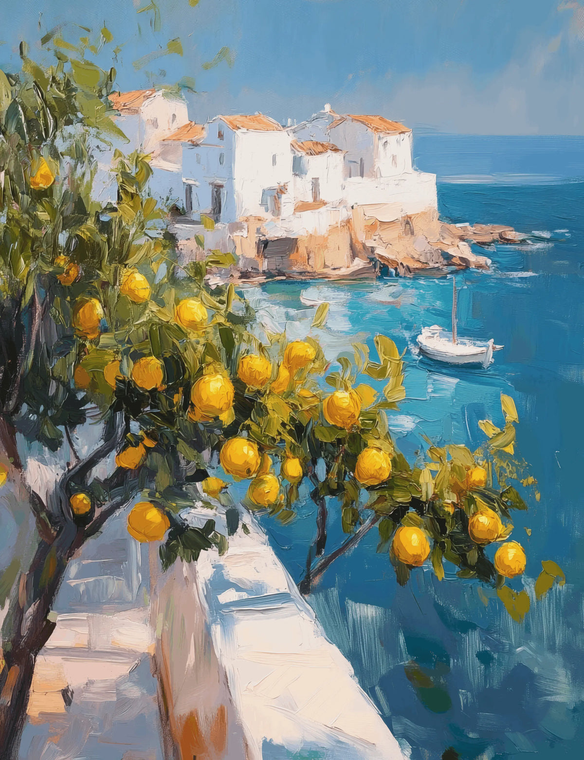 Mediterranean seaside art print close-up of lemon branches over blue water