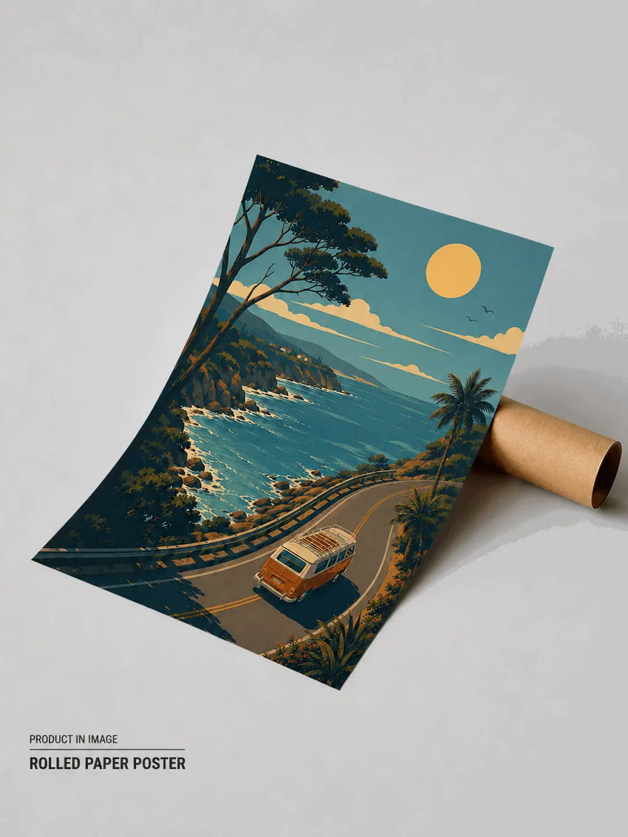 Rolled coastal landscape art poster, teal sky, road with van and ocean view
