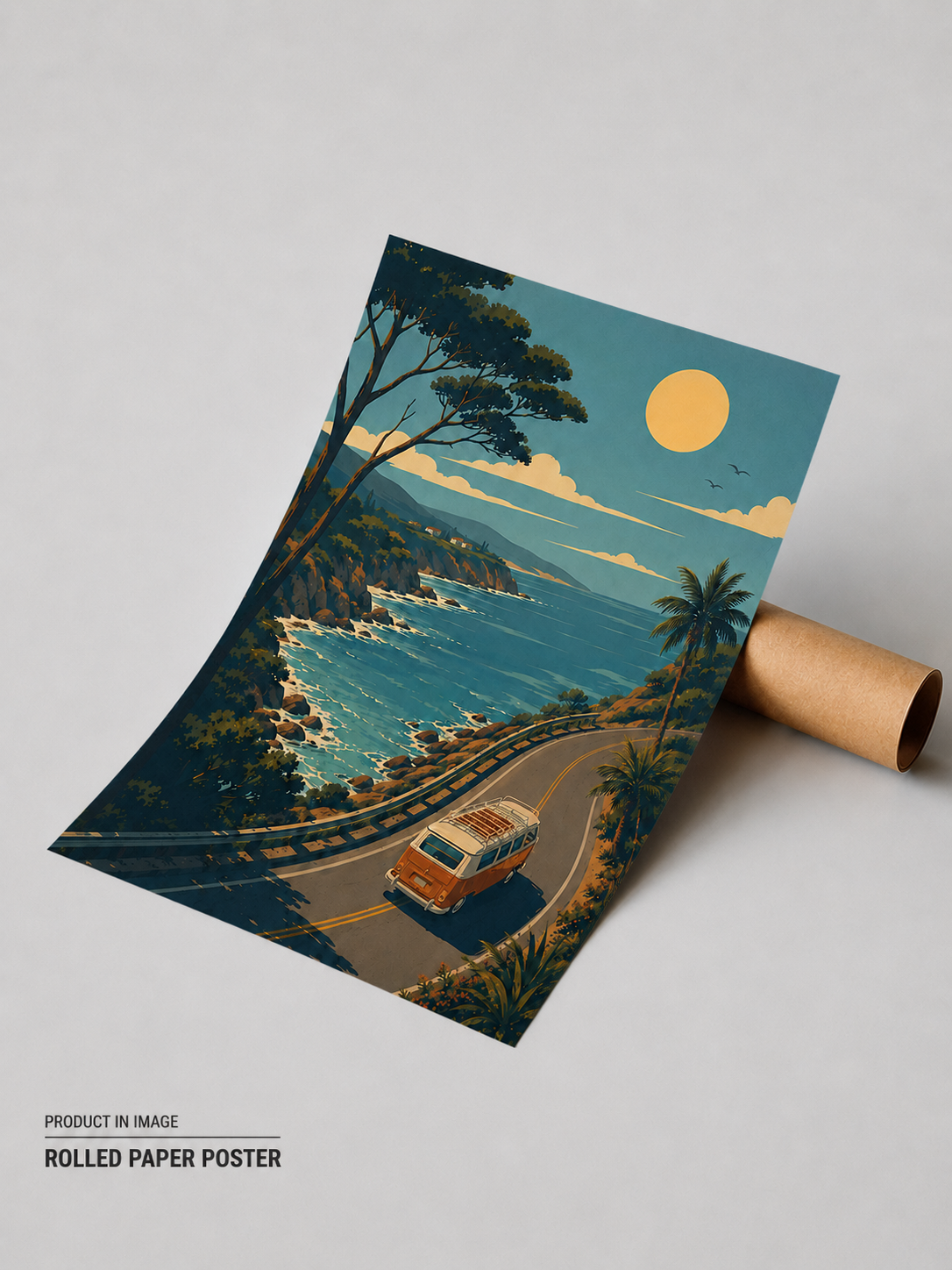 Scenic coastal wall decor combining tropical palm trees, ocean horizons, and relaxing sunset tones.