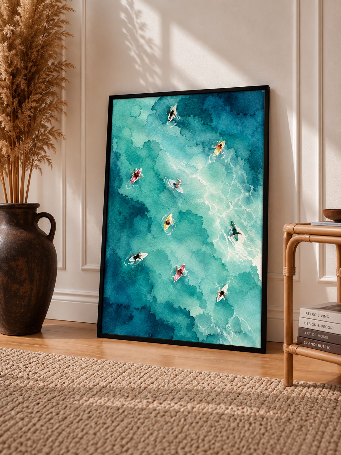 Turquoise Watercolor Pool Art Print displayed in a slim black frame within a warm neutral interior