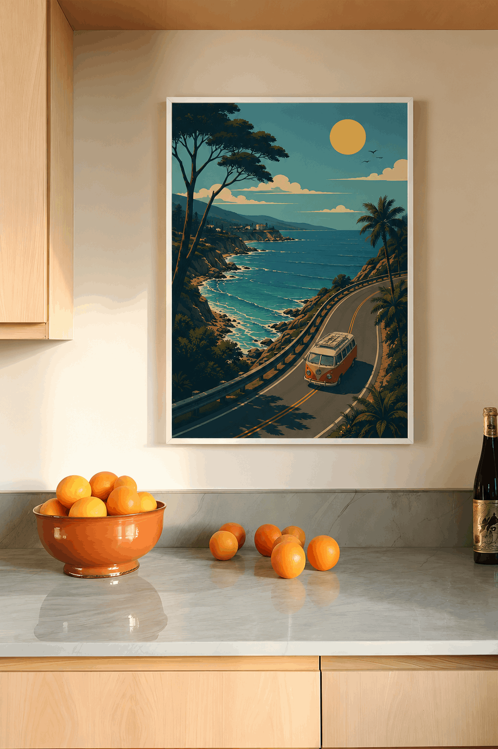 Palm Vista framed landscape print with white border showing coastal road and van