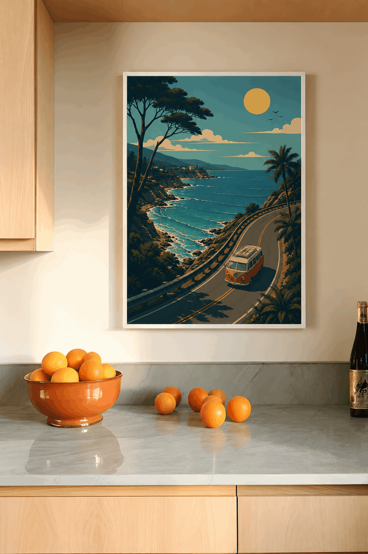 White-framed coastal landscape wall art with road, palm trees, and vintage van