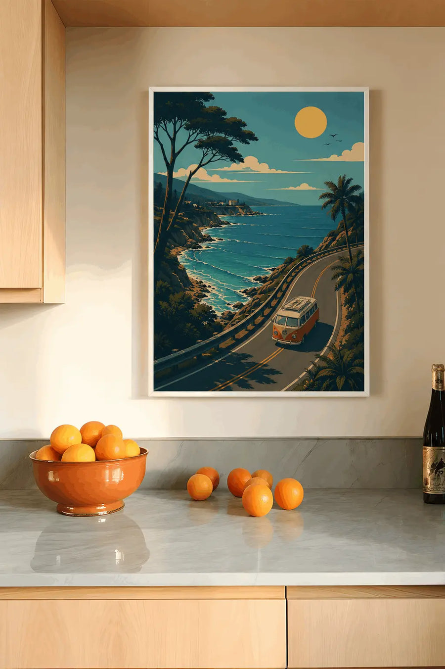 White-framed coastal landscape wall art with road, palm trees, and vintage van
