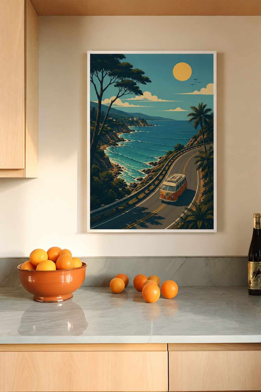 Coastal wall art showcasing a scenic seaside drive lined with palm trees and warm sunset colors.