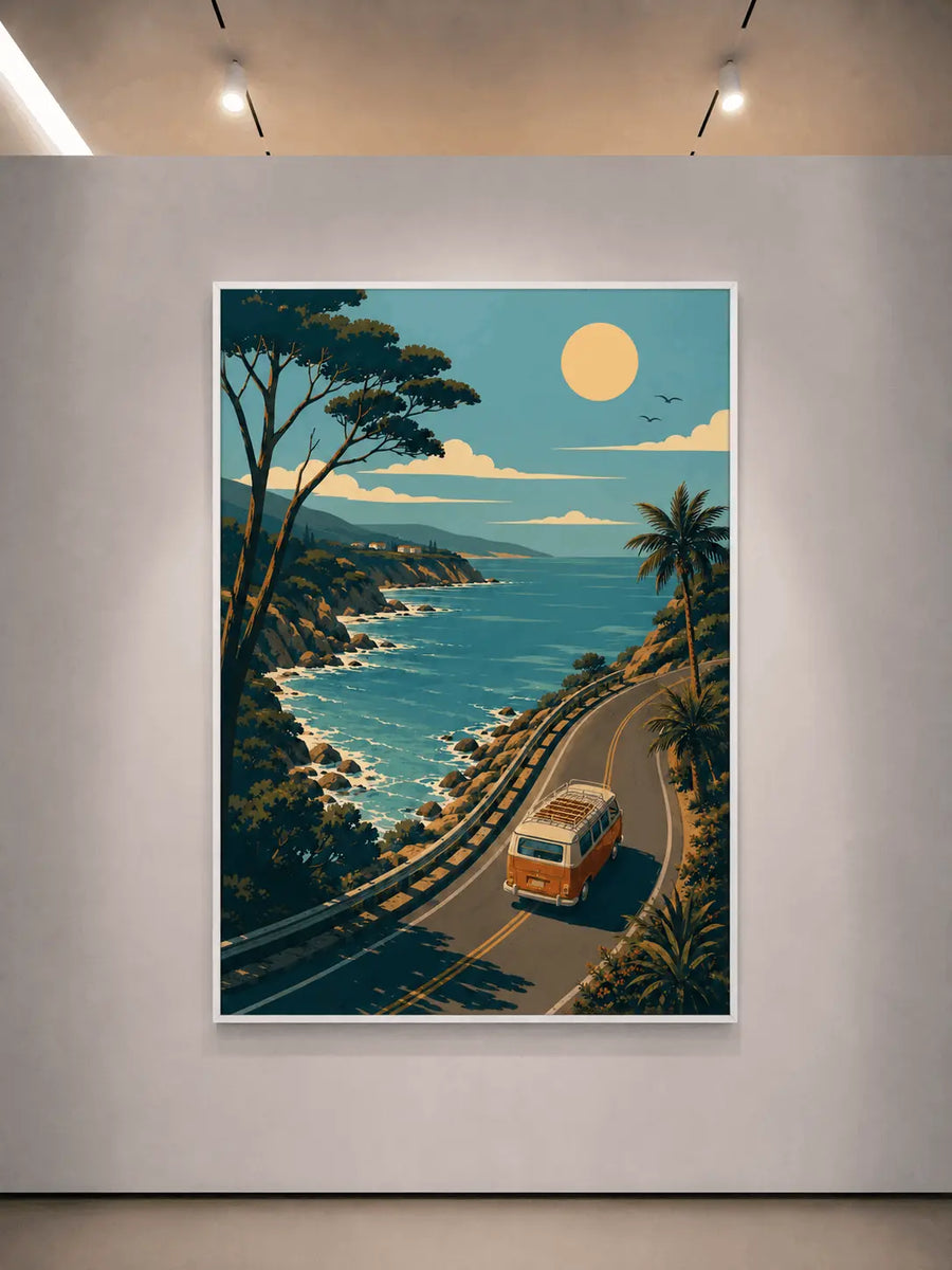 Coastal landscape wall art in a white frame with ocean, palms, and vintage van