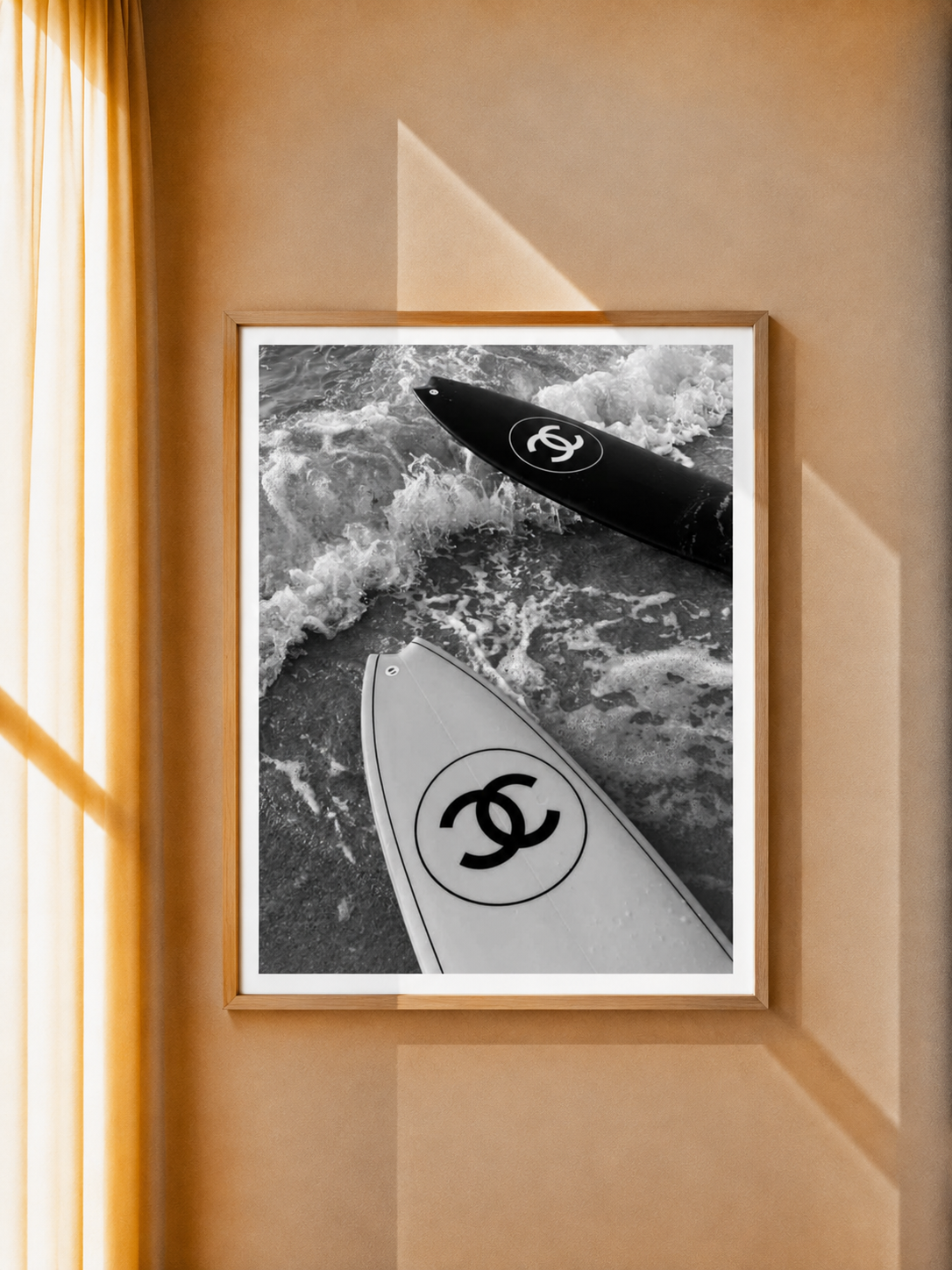 Surfboard Art Print combining dramatic wave textures with a bold monochrome surf photography aesthetic