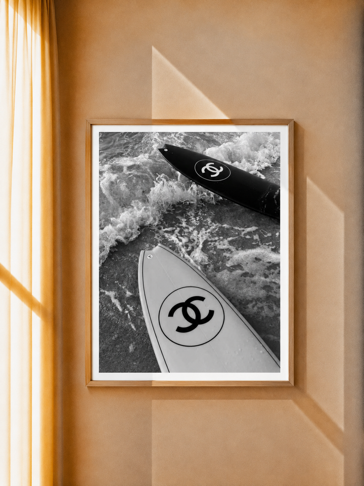 Surfboard Art Print combining dramatic wave textures with a bold monochrome surf photography aesthetic